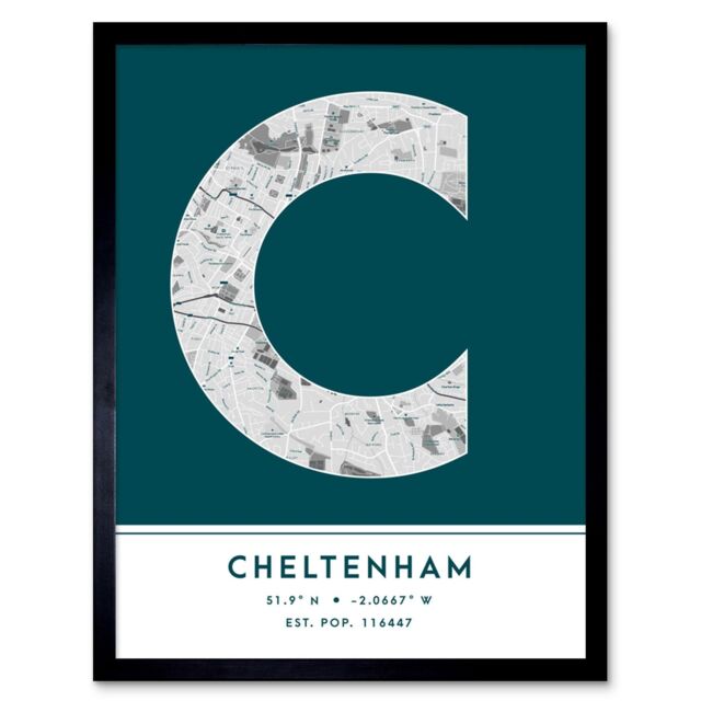 "Wee Blue Coo Wall Art Print Cheltenham England United Kingdom City Map Modern Typography Stylish Letter Framed Word in Teal - Size: W12"" x H16""" - image 1