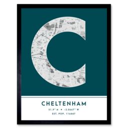 "Wee Blue Coo Wall Art Print Cheltenham England United Kingdom City Map Modern Typography Stylish Letter Framed Word in Teal - Size: W12"" x H16""" - thumbnail 1