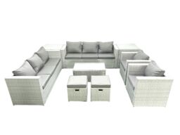 Fimous Outdoor Rattan Sofa Garden Furniture Set with 2 Armchairs Oblong Coffee Table 2 Small Footstools 2 Side Tables Light Grey Mixed - thumbnail 2