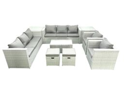 Fimous Outdoor Rattan Sofa Garden Furniture Set with 2 Armchairs Oblong Coffee Table 2 Small Footstools 2 Side Tables Light Grey Mixed - thumbnail 1