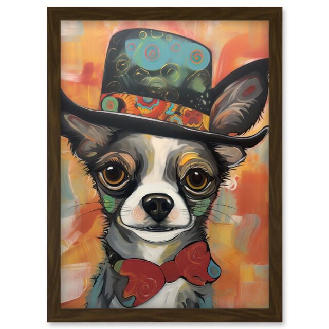 Artery8 Chihuahua Dog Top Hat & Bowtie Modern Folk Art Artwork Framed Wall Art Print A4 in Brown - image 1