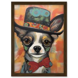 Artery8 Chihuahua Dog Top Hat & Bowtie Modern Folk Art Artwork Framed Wall Art Print A4 in Brown - thumbnail 1