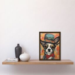Artery8 Chihuahua Dog Top Hat & Bowtie Modern Folk Art Artwork Framed Wall Art Print A4 in Brown - thumbnail 2