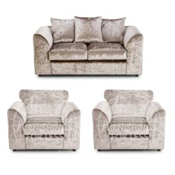 Furnishings For Less UK Crystal Crushed Velvet 4 Seater 3 Piece Sofa Suite - 3, 2 & Armchair Seater Scatter Back in Beige - thumbnail 1