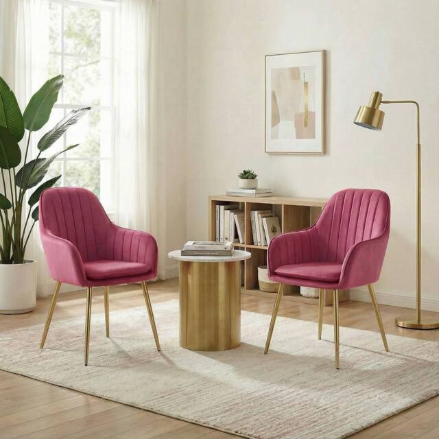 Alivio Set of 2 Upholstered Velvet Dining Arm Chairs with Removable Cushion in Pink