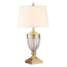 Netlighting Quoizel Dennison Table Lamp with Round Tapered Shade Brushed Brass in Yellow