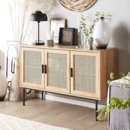 Wyld and Coco 3-Door Sideboard with Natural Rattan Front 76 x 120 cm Brown - thumbnail 1