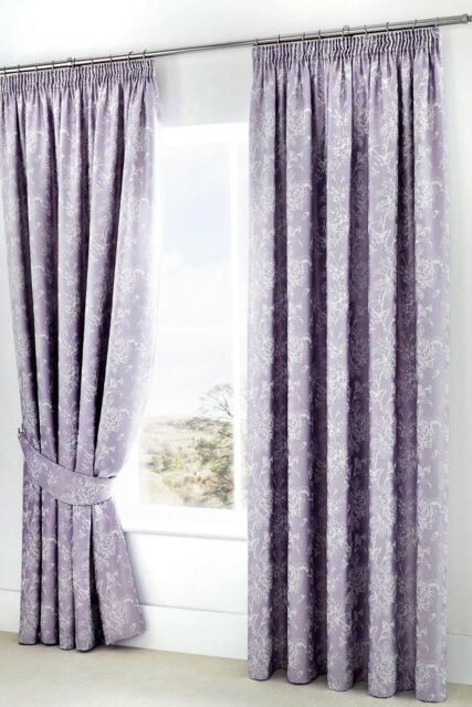 Dreams & Drapes 'Jasmine' Floral Jacquard Weave Pair of Lined Pencil Curtains with Tie-backs in Lavender - Size: 168 cm width x 229 cm drop - image 1