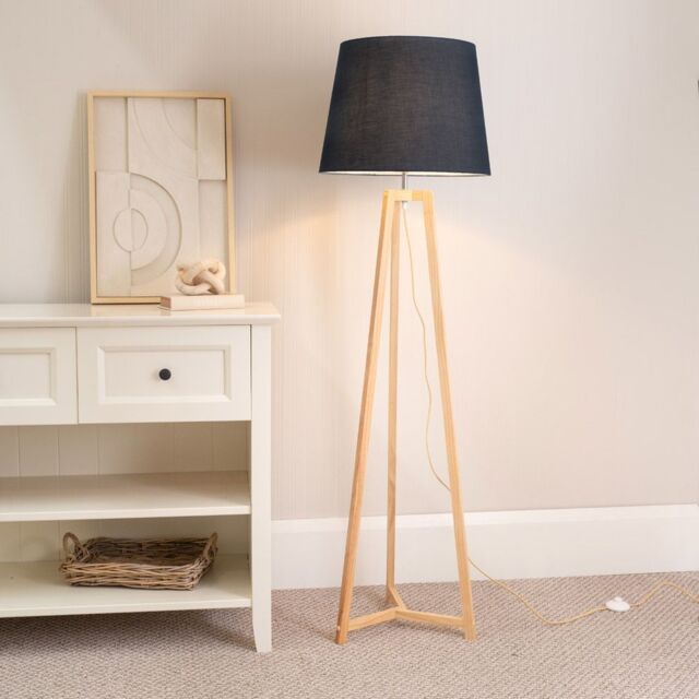 ValueLights Lottie Natural Wood Tripod Floor Lamp with Fabric Tapered Shade & LED Bulb in Black - image 1