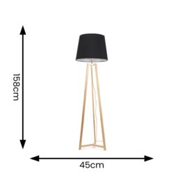 ValueLights Lottie Natural Wood Tripod Floor Lamp with Fabric Tapered Shade & LED Bulb in Black - thumbnail 4