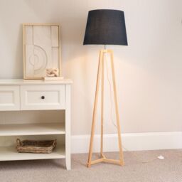 ValueLights Lottie Natural Wood Tripod Floor Lamp with Fabric Tapered Shade & LED Bulb in Black - thumbnail 1