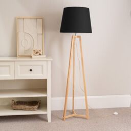ValueLights Lottie Natural Wood Tripod Floor Lamp with Fabric Tapered Shade & LED Bulb in Black - thumbnail 3