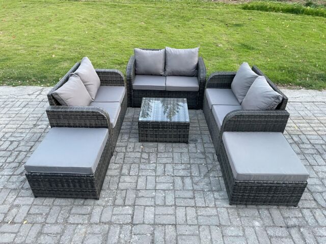 Fimous 8 Seater High Back Rattan Garden Furniture Set with Square Coffee Table 2 Big Footstool Love Sofa Indoor Outdoor Patio Lounge Sofa Set - image 1