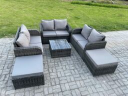 Fimous 8 Seater High Back Rattan Garden Furniture Set with Square Coffee Table 2 Big Footstool Love Sofa Indoor Outdoor Patio Lounge Sofa Set - thumbnail 2