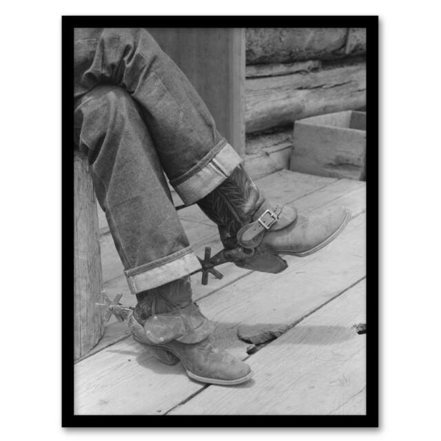 Artery8 Russell Lee Boots & Spurs Vintage Photograph Framed Wall Art Print in Grey - Size: A4 - image 1
