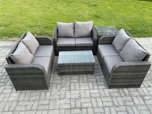 Fimous Outdoor Garden Furniture Sets 6 Seater Wicker Rattan Furniture Sofa Sets with Rectangular Coffee Table Love Sofa Side Table in Dark Grey - image 1