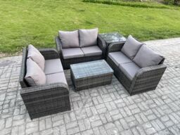Fimous Outdoor Garden Furniture Sets 6 Seater Wicker Rattan Furniture Sofa Sets with Rectangular Coffee Table Love Sofa Side Table in Dark Grey - thumbnail 2