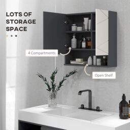 Kleankin Bathroom Mirror Cabinet with Adjustable Shelves 55W x 17D x 55Hcm Grey in Light Grey - thumbnail 4