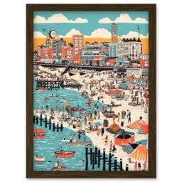 Artery8 Brighton Beach Warm Summer Day Colourful Scene Artwork Framed Wall Art Print A4 in Brown - thumbnail 1