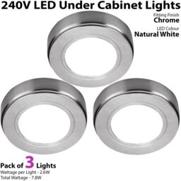 Loops 3x CHROME Round Surface or Flush Under Cabinet Kitchen Light Kit - 240V Mains Powered - Natural White LED - thumbnail 2