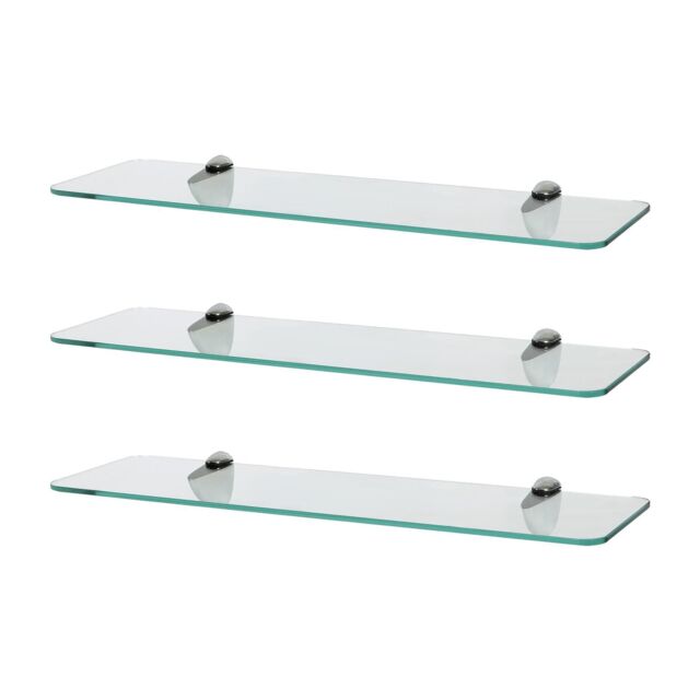 Harbour Housewares 3x Rounded Floating Glass Shelves - 50cm Bathroom Storage Display Unit in Silver - image 1