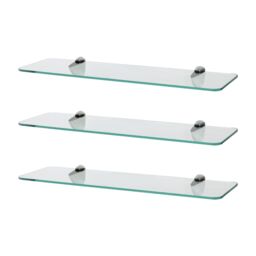 Harbour Housewares 3x Rounded Floating Glass Shelves - 50cm Bathroom Storage Display Unit in Silver