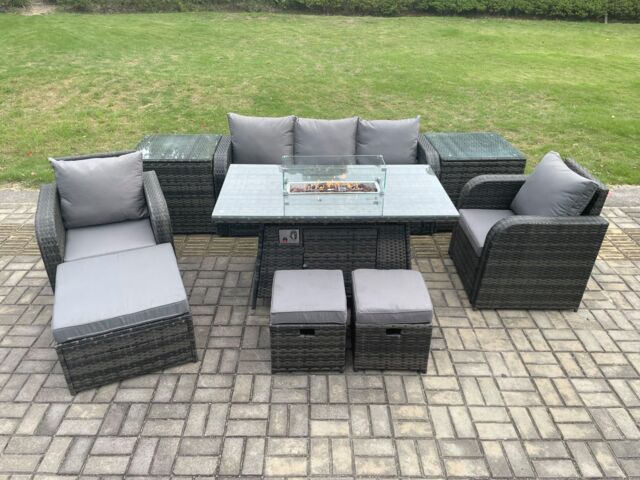 Fimous Wicker Rattan Garden Furniture Sofa set Gas Fire Pit Dining Table Indoor Outdoor with 2 Side Table Chair 3 Footstools in Dark Grey - image 1