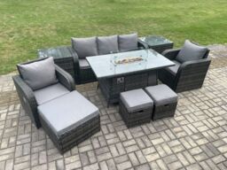 Fimous Wicker Rattan Garden Furniture Sofa set Gas Fire Pit Dining Table Indoor Outdoor with 2 Side Table Chair 3 Footstools in Dark Grey - thumbnail 3