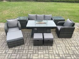 Fimous Wicker Rattan Garden Furniture Sofa set Gas Fire Pit Dining Table Indoor Outdoor with 2 Side Table Chair 3 Footstools in Dark Grey - thumbnail 1