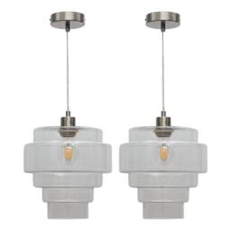 First Choice Lighting Set of 2 Benson - 5 Tier Glass & Satin Nickel Ceiling Pendant Lights in Clear - thumbnail 1