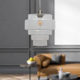 First Choice Lighting Set of 2 Benson - 5 Tier Glass & Satin Nickel Ceiling Pendant Lights in Clear - thumbnail 4
