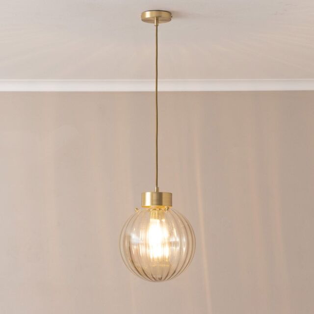 ValueLights Chessy Ribbed Glass Globe Brushed Gold Capped Ceiling Pendant Light with Bulb in Amber - image 1
