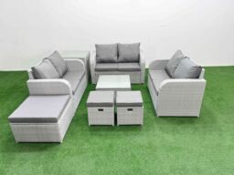 Fimous 9 Seater PE Wicker Rattan Furniture Sofa Sets with Square Coffee Table 2 Seater Love Sofa 3 Stool Side Table Light Grey - thumbnail 1