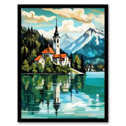 Artery8 Lake Bled Vibrant Artwork Slovenia Island With 17th Century Church Reflecting On Turquoise Waters Art Print Framed Poster Wall Decor - thumbnail 1