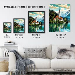 Artery8 Lake Bled Vibrant Artwork Slovenia Island With 17th Century Church Reflecting On Turquoise Waters Art Print Framed Poster Wall Decor - thumbnail 3