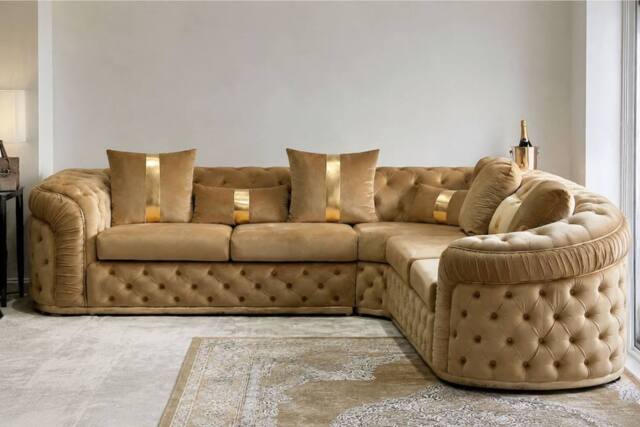 Stratus Interiors Ambassador Chesterfield Velvet Sofa with Gold Trim Frill Design in Beige - image 1