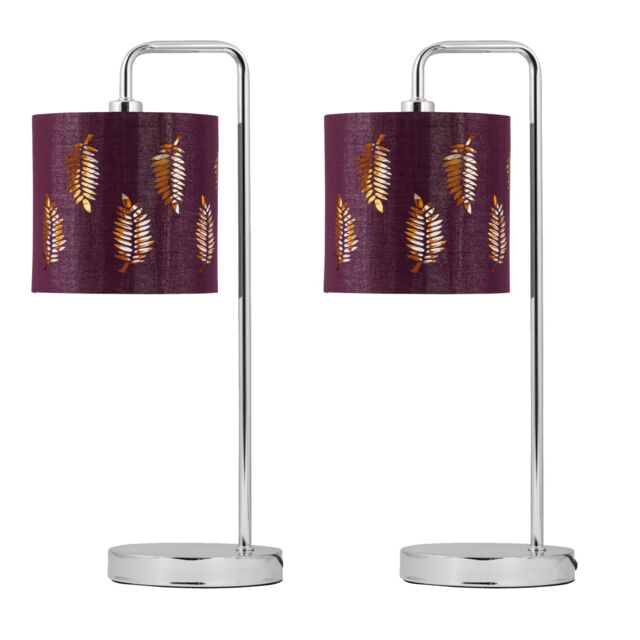 First Choice Lighting Set of 2 Chrome Arched Table Lamps with Burgundy Fern Cut Out Shades in Silver - image 1