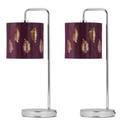 First Choice Lighting Set of 2 Chrome Arched Table Lamps with Burgundy Fern Cut Out Shades in Silver