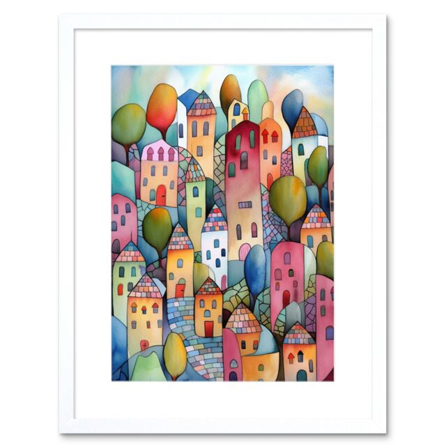 "Artery8 Wall Art Print Village On The Hill Cobble Streets Folk Artwork Framed 9X7 Inch in White - Size: W7"" x H9""" - image 1