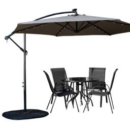 Samuel Alexander 4 Person Round Glass Top Table Chairs. Grey Banana Lit Parasol & Base in Black