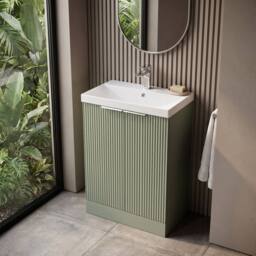 Balterley Tixall Fluted 2 Door Vanity Basin Unit, Satin Green, 600mm in Green - thumbnail 3