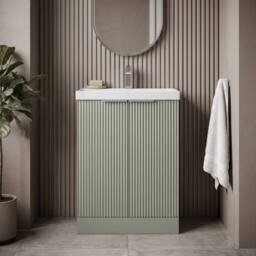 Balterley Tixall Fluted 2 Door Vanity Basin Unit, Satin Green, 600mm in Green - thumbnail 6