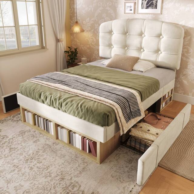 Matteo Velvet Single Bed - Adjustable Headboard, Storage Drawers - Beige - image 1