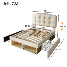 Matteo Velvet Single Bed - Adjustable Headboard, Storage Drawers - Beige - thumbnail 2