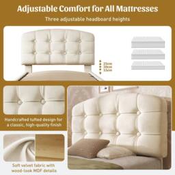 Matteo Velvet Single Bed - Adjustable Headboard, Storage Drawers - Beige - thumbnail 3