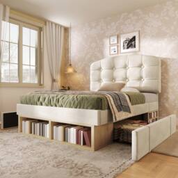 Matteo Velvet Single Bed - Adjustable Headboard, Storage Drawers - Beige - thumbnail 6