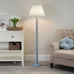 ValueLights Bobbins Powder Blue Floor Lamp with Tapered Fabric Pleated Shade in Pale Green