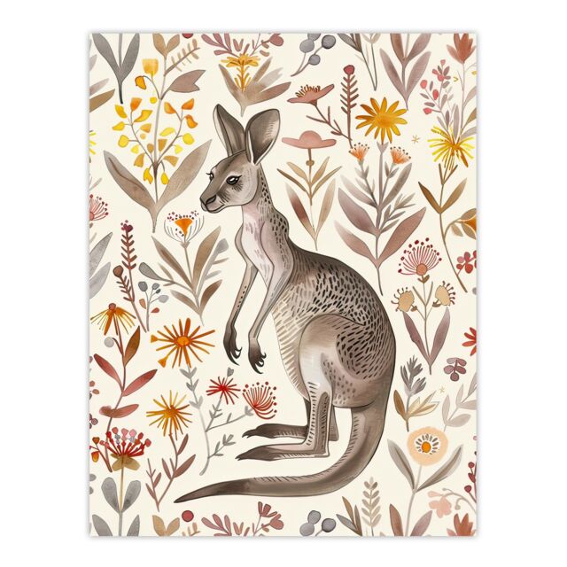 "Artery8 Cute Kangaroo with Wildflowers Bright Folk Art Wall Art Print - Size: W24"" x H32""" - image 1
