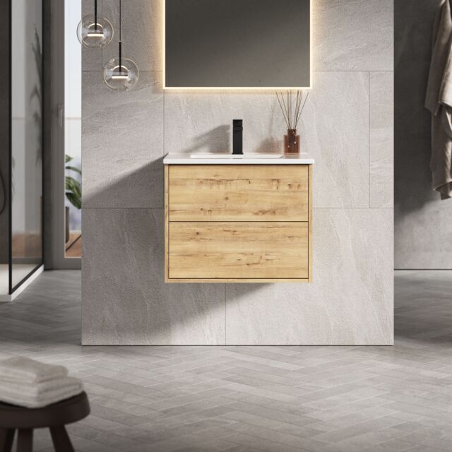 Banyetti Venti 600mm Wall Hung Vanity Unit with Lira Basin - Ostippo Oak in Light Oak - image 1