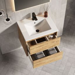 Banyetti Venti 600mm Wall Hung Vanity Unit with Lira Basin - Ostippo Oak in Light Oak - thumbnail 2